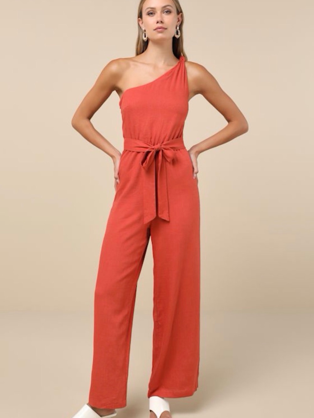 Lulu's One-Shoulder Rust-Orange Jumpsuit with Waist Tie